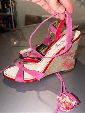 Miss Sixty Wedges Size 40(10) NENE pink suede embroidered wedge crisscross tie